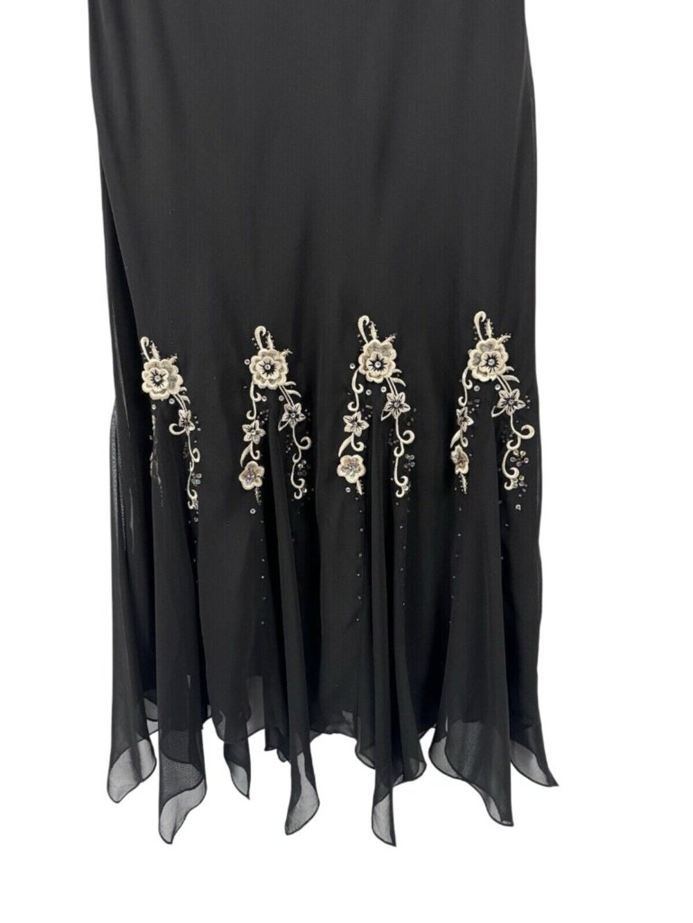 Vintage Y2K Midi Dress Black Tan Beaded Floral Whimsy Goth Fairy Asymmetrical - Picture 3 of 11